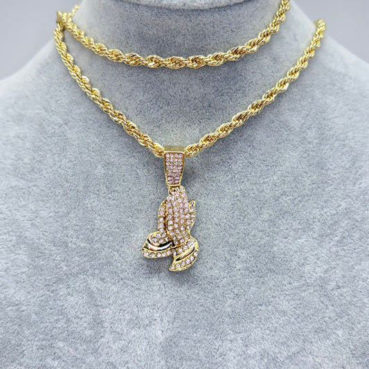 Stainless Steel Praying Hands Necklace with CZ Pendant – Rope Chain (14”)