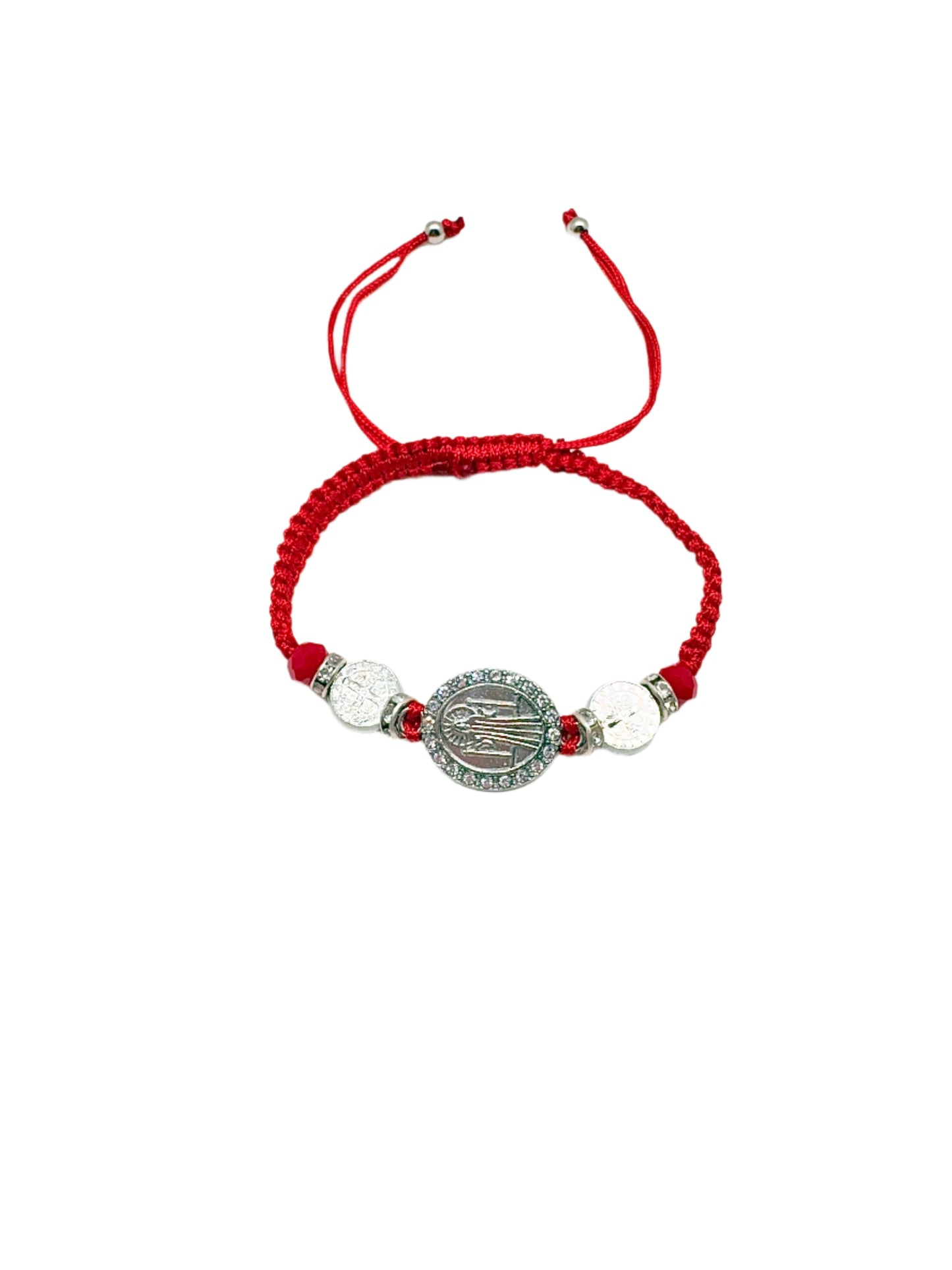 Red Threaded St. Benedict Silver Medal Bracelet Adjustable with silver beads on a white background