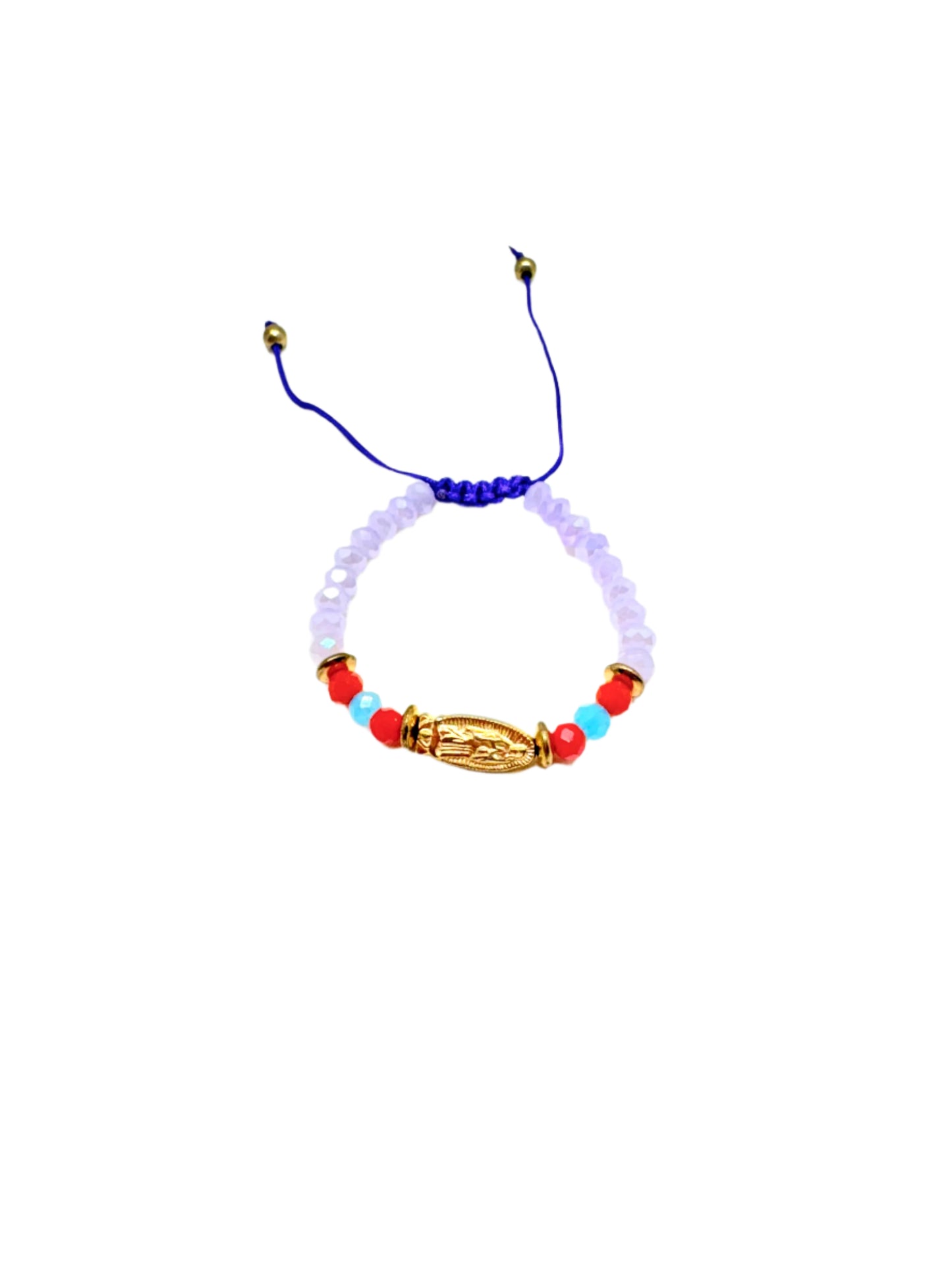 Purple beaded gold colored Guadalupe charm baby, accented with red and blue beads bracelet on a white background.