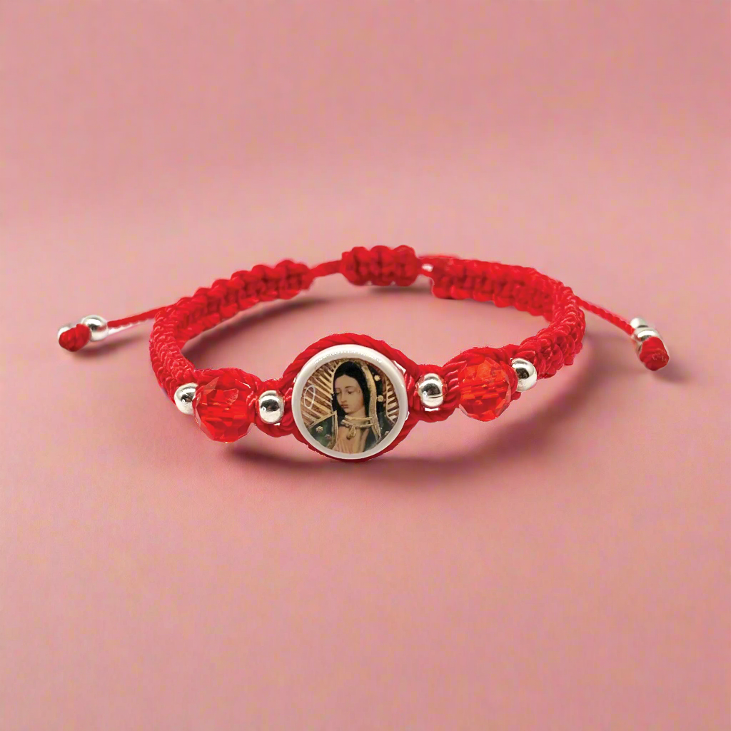 This Guadalupe Charm bracelet is red with woven nylon, with silver and crystal beads on red background,.