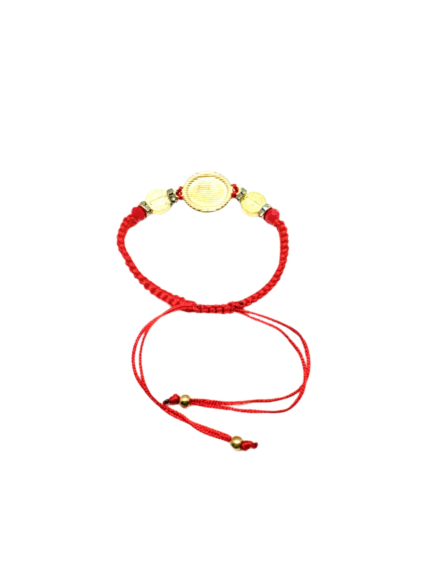 Back view of red Threaded St. Benedict Gold Medal Bracelet Adjustable with silver beads on a white background