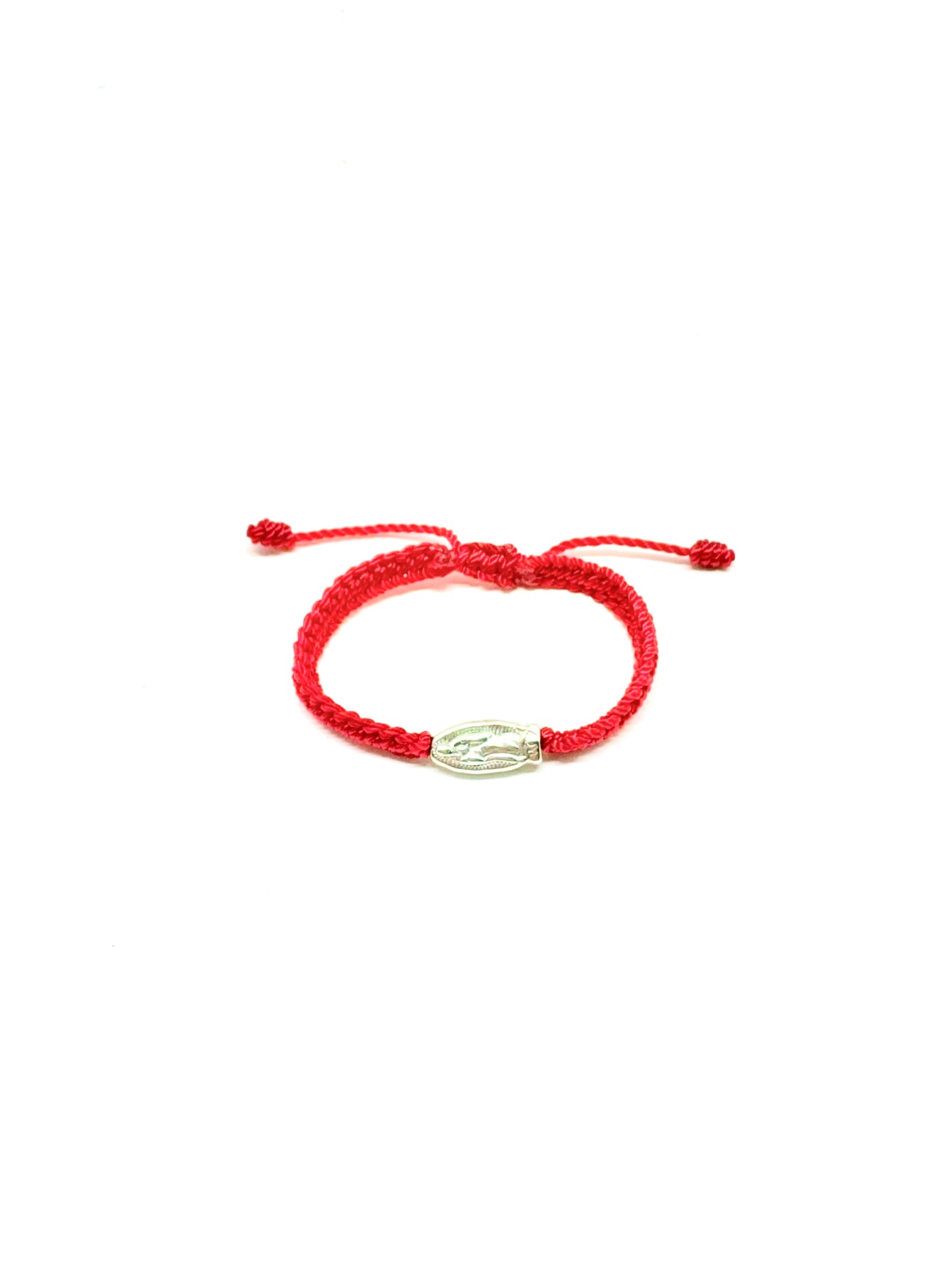 Front view of adjustable red braided baby bracelet with silver Our Lady of Guadalupe charm and silver beads, fits infants 0–12 months on a white background