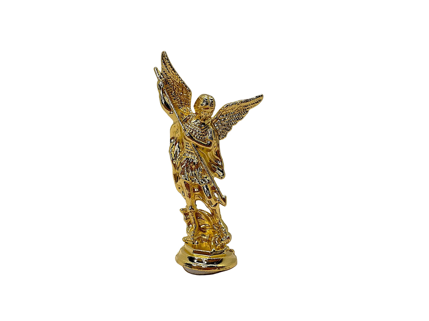 Front view of small gold colored Saint Michael Figurine on white background