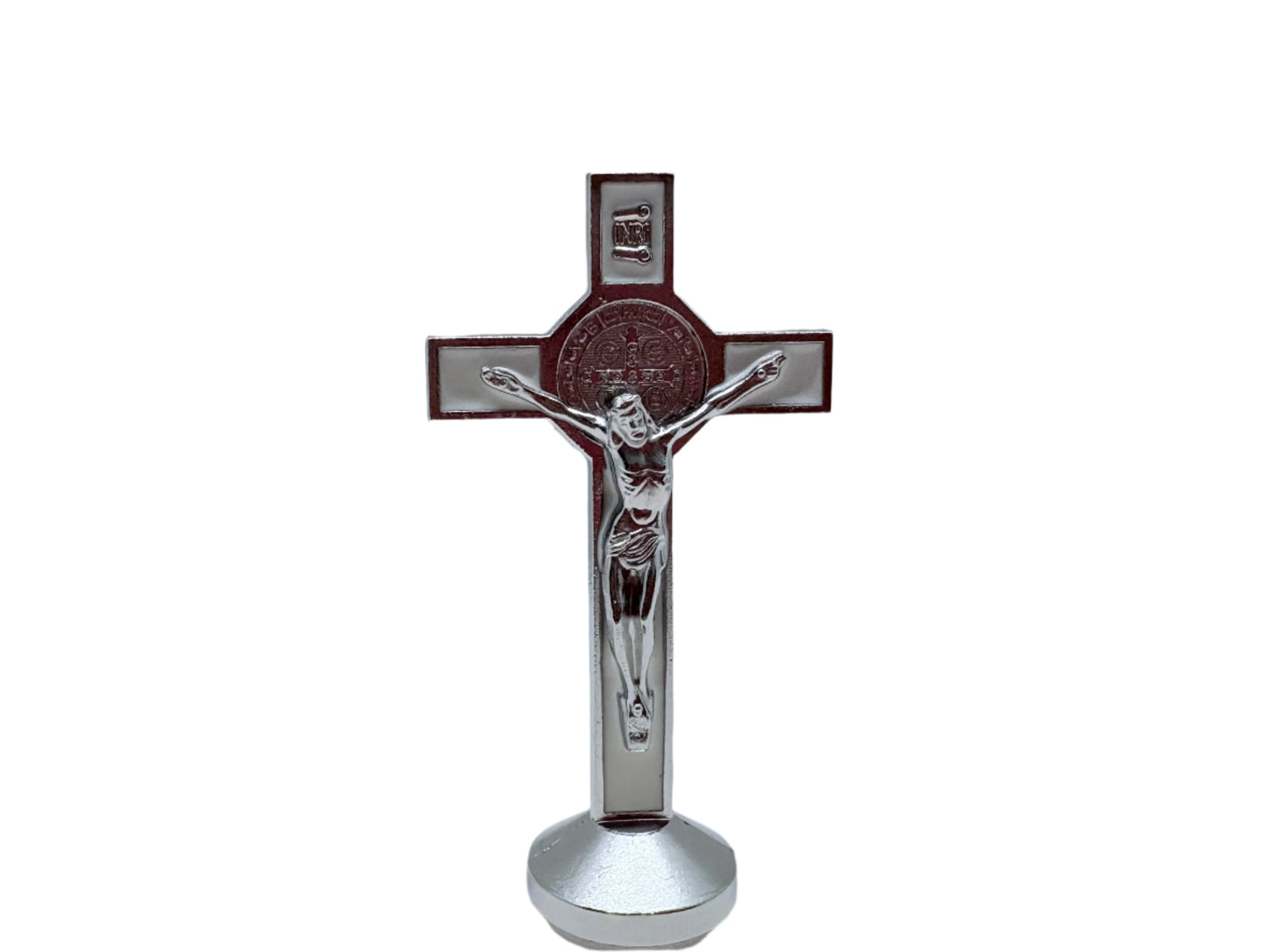 Front view of white dashboard Saint Benedict crucifix with silver corpus christi and St. Benedict medal on a white background