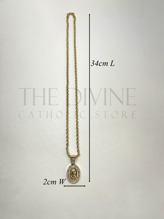 Measurements of Guadalupe Rope Gold Stainless Steel Necklace with an oval pendant featuring Our Lady of Guadalupe, surrounded by shimmering rhinestones on a durable rope chain.