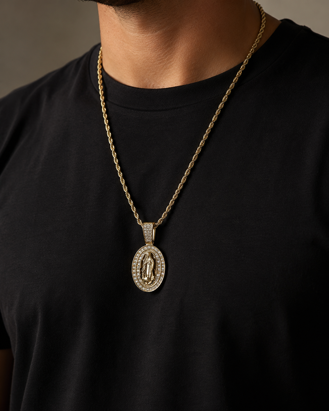 Our Lady of Guadalupe Necklace, Gold Rope Chain, Oval Pendant, Waterproof Stainless Steel