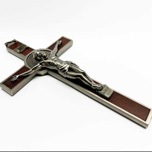 Side view of 7-inch red St. Benedict crucifix with silver corpus, medal, and wood inlay