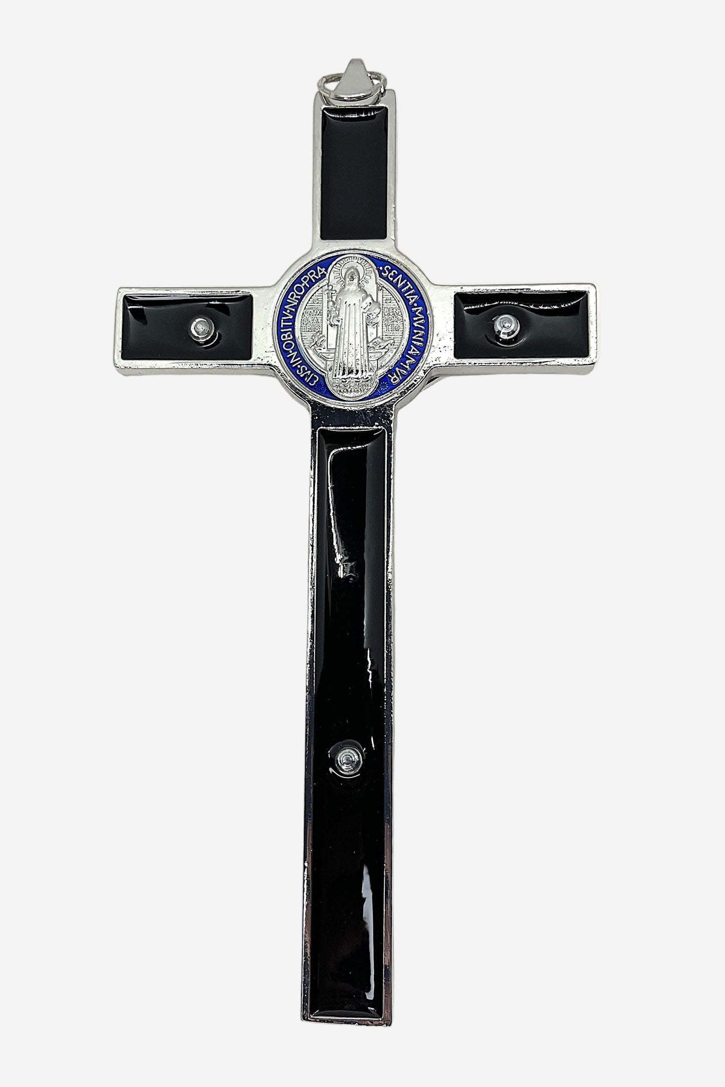 Back view of St. Benedict Crucifix with Black Enamel, blue and silver St. Benedict medal on white background.