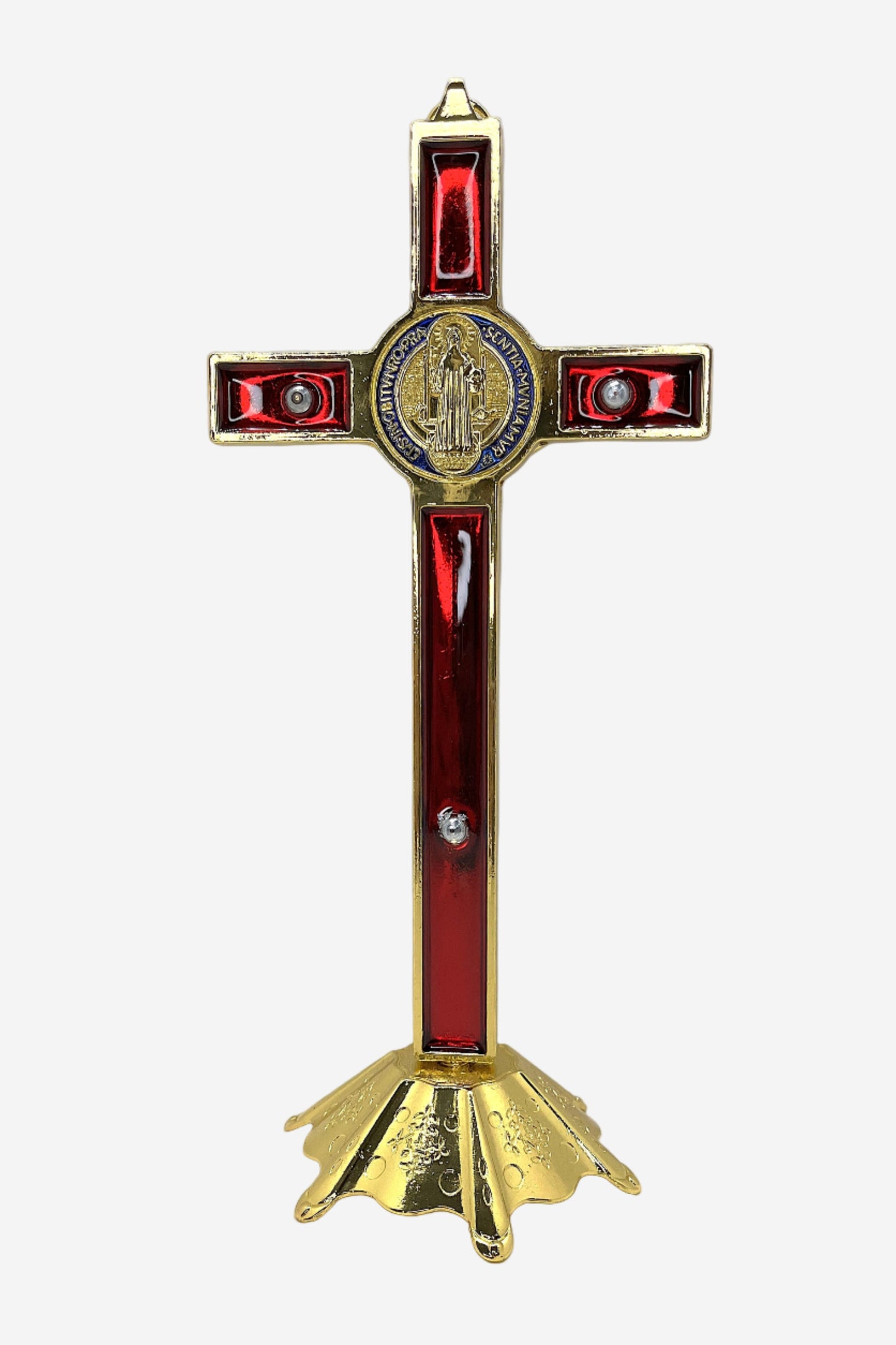 Back view of standing gold and red crucifix for wall or table gold colored with colorful st benedict medal