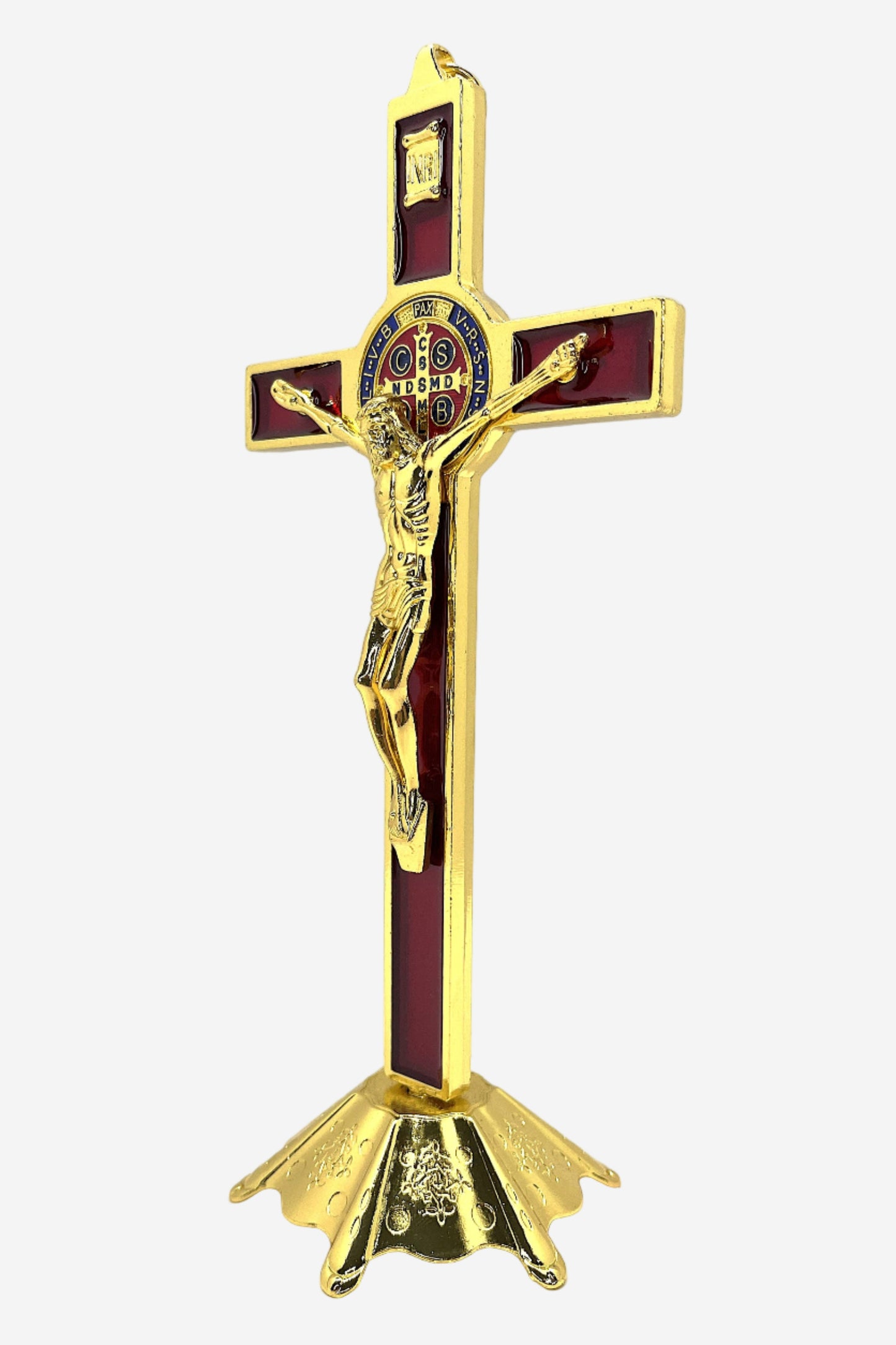 side view of standing gold and red crucifix for wall or table gold colored with colorful st benedict medal