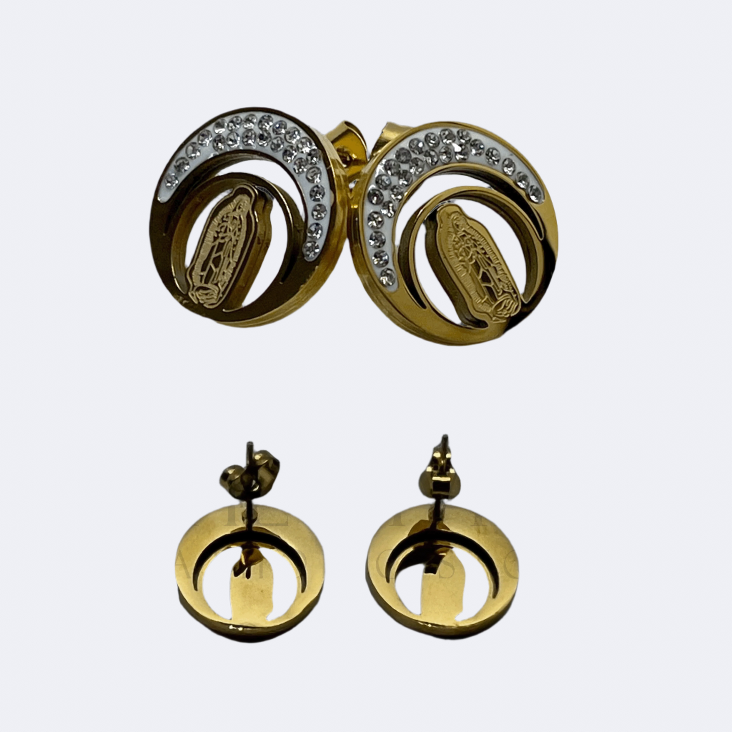 Close-up of Our Lady of Guadalupe Moon Necklace and Earring Set in stainless steel, emphasizing the intricate design of the Virgin of Guadalupe pendant on a crescent moon with matching earrings.