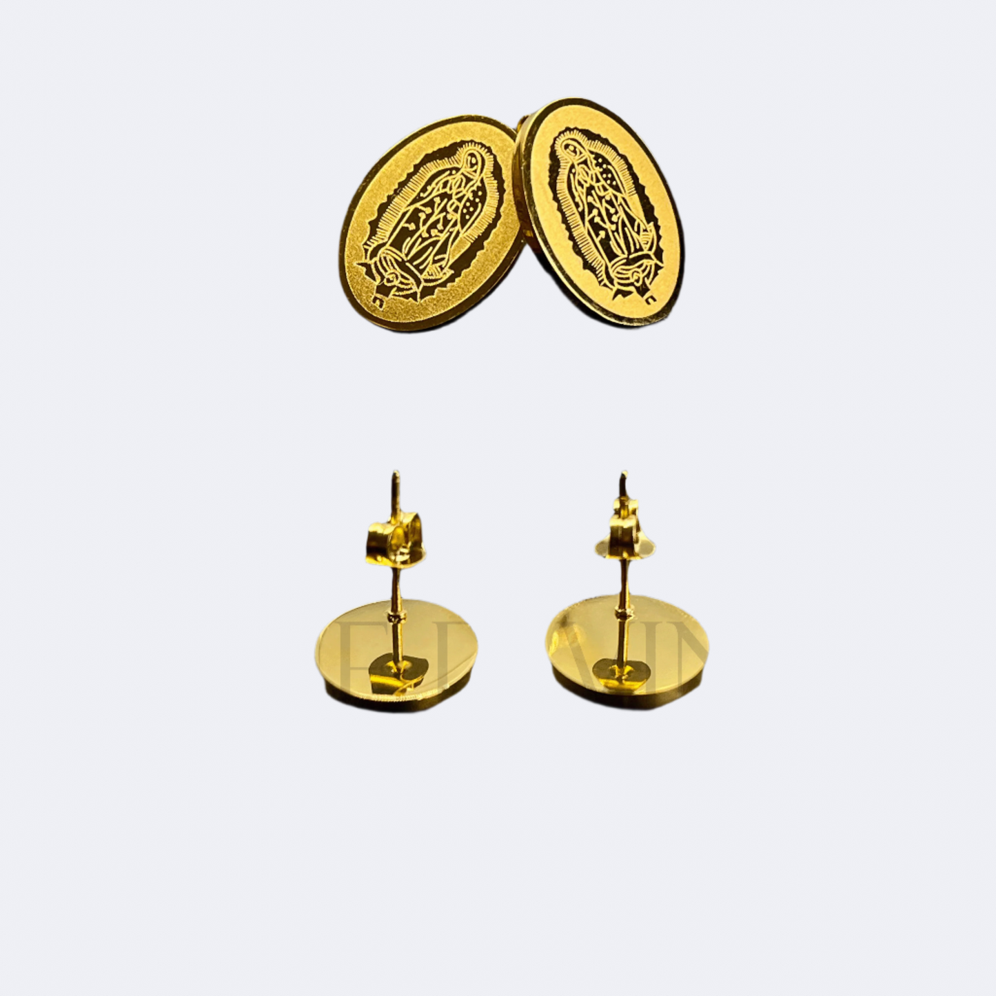 Our Lady of Guadalupe Necklace Set with stainless steel pendant and earrings, displayed against a neutral background to emphasize the elegant design and craftsmanship.