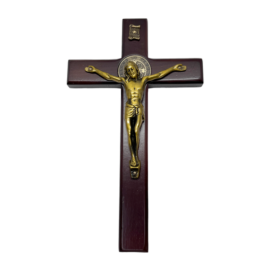 Wooden Cross Golden St Benedict Medal