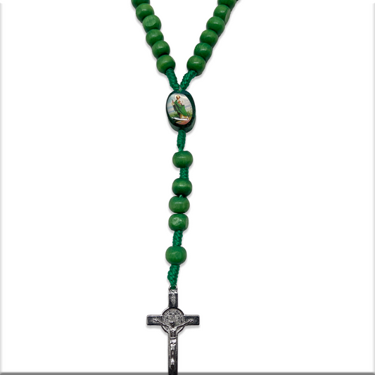Wooden St Jude Rosary with St. Benedict crucifix, 17-inch Catholic prayer beads, lacquered St. Jude pendant as center piece on a white background.