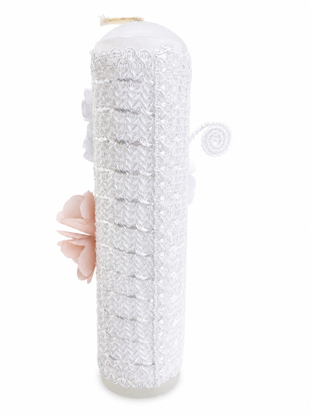 Back view of baptism christening candle showing full white lace wrap texture with lace wrap texture with