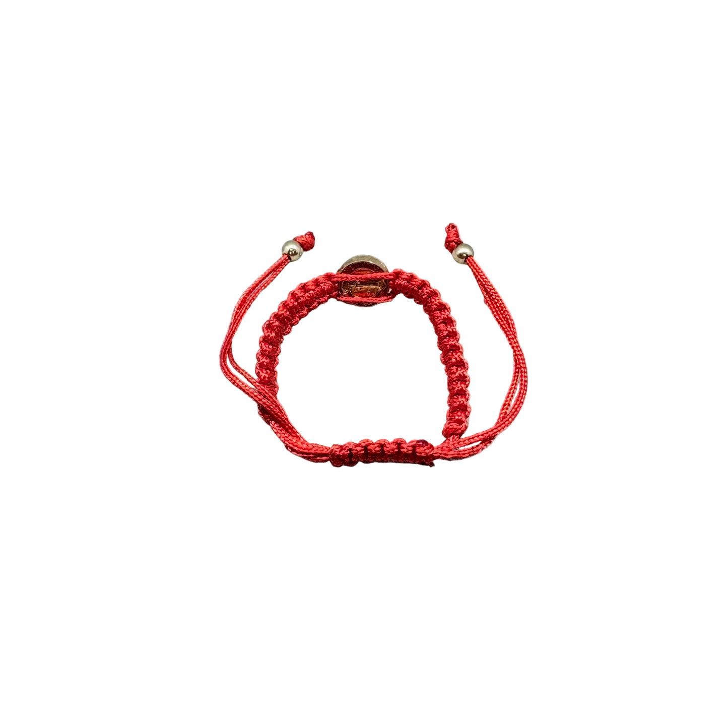 Adjustable red cord baby bracelet with St Benedict medal showing back and closure detail