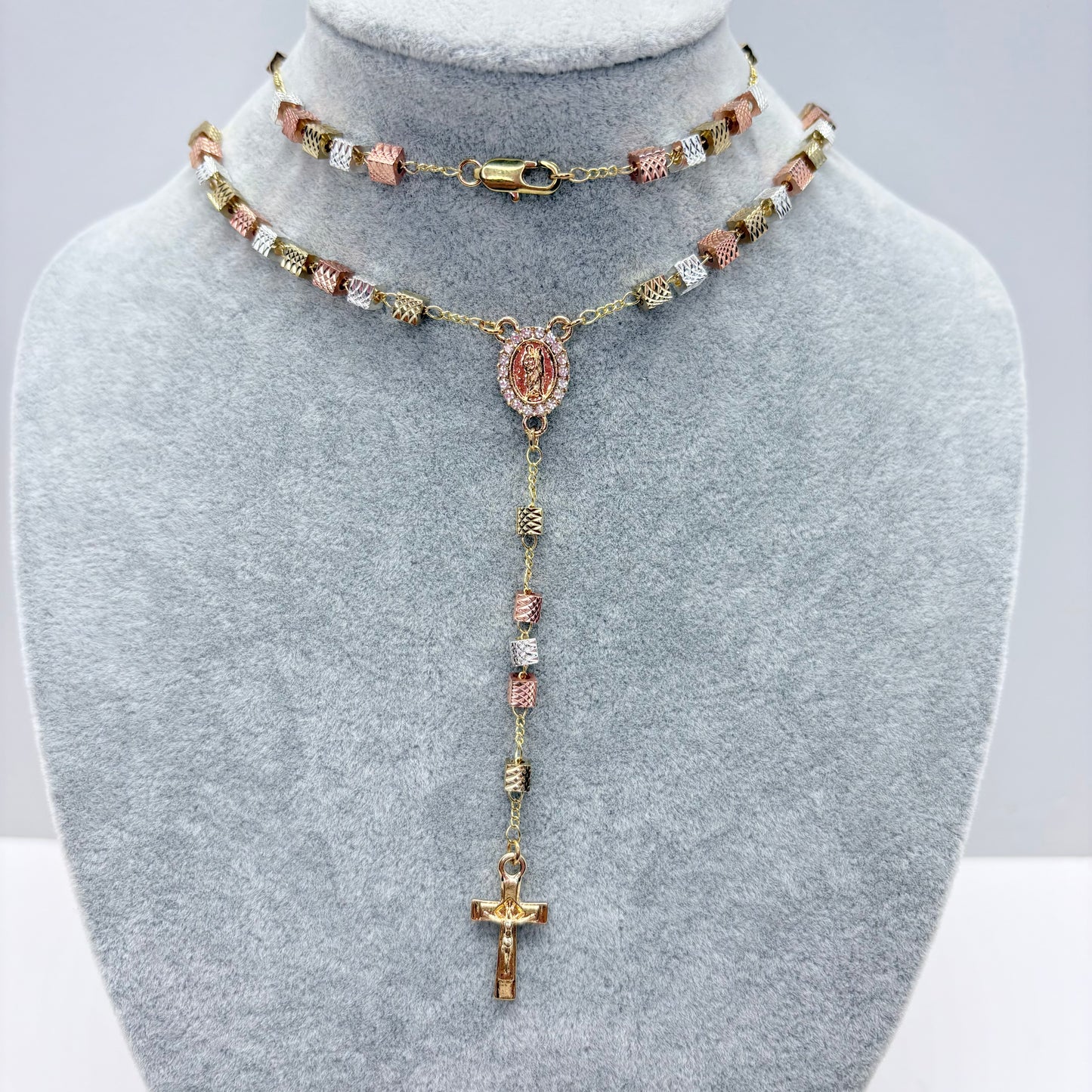 Tri-color St Jude rosary necklace with square textured beads and crucifix on gray display stand 15 inch Catholic jewelry