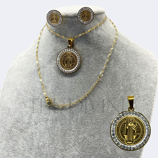 St. Benedict Necklace and Earring Set made of stainless steel, featuring a detailed St. Benedict medallion pendant and matching earrings, displayed on a neutral background.