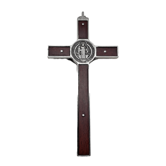 Back view of a wood inlay St. Benedict crucifix with traditional medal, available in 7-inch and 12-inch sizes for Catholic home or office