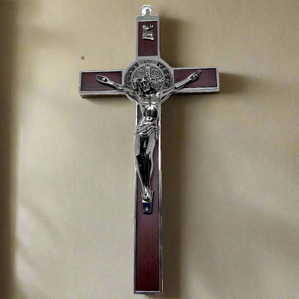 Wood inlay St. Benedict crucifix mounted on wall for home, office, or prayer corner.