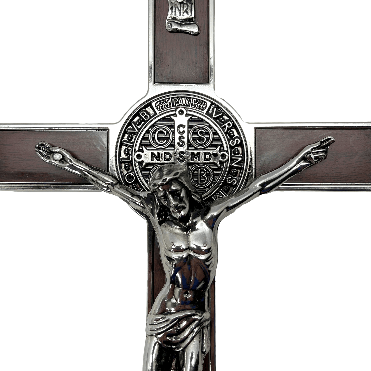 Detailed St. Benedict medal on wood inlay crucifix, 7-inch or 12-inch Catholic devotional cross.