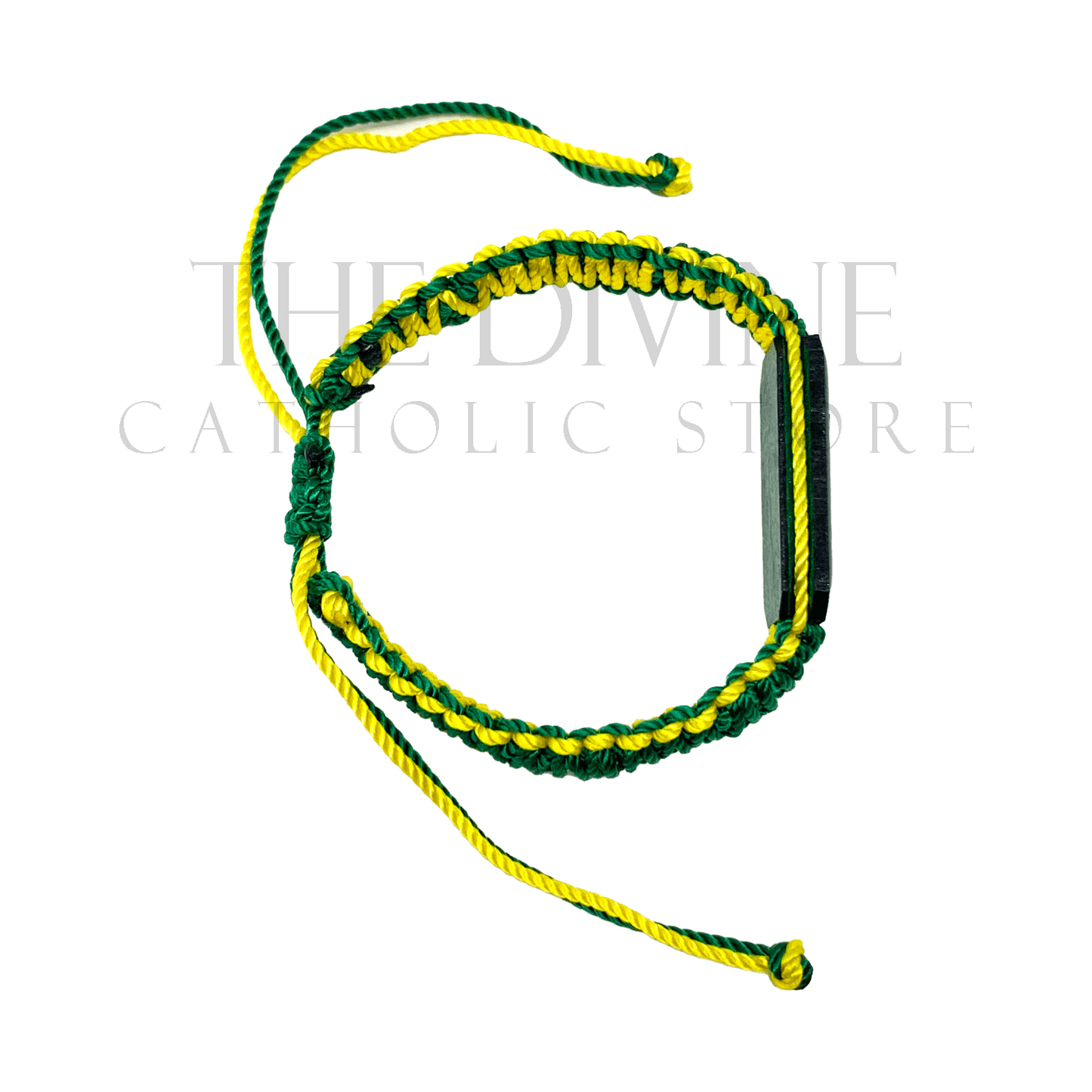 Top view of a green and yellow St. Jude bracelet featuring a braided green cord, vibrant yellow beads, and a central lacquered medallion of St. Jude.