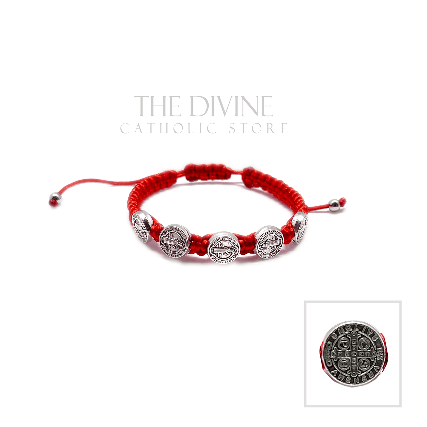 Top view of a red St. Benedict bracelet with 5 silver medals on adjustable nylon cord, unisex Catholic jewelry