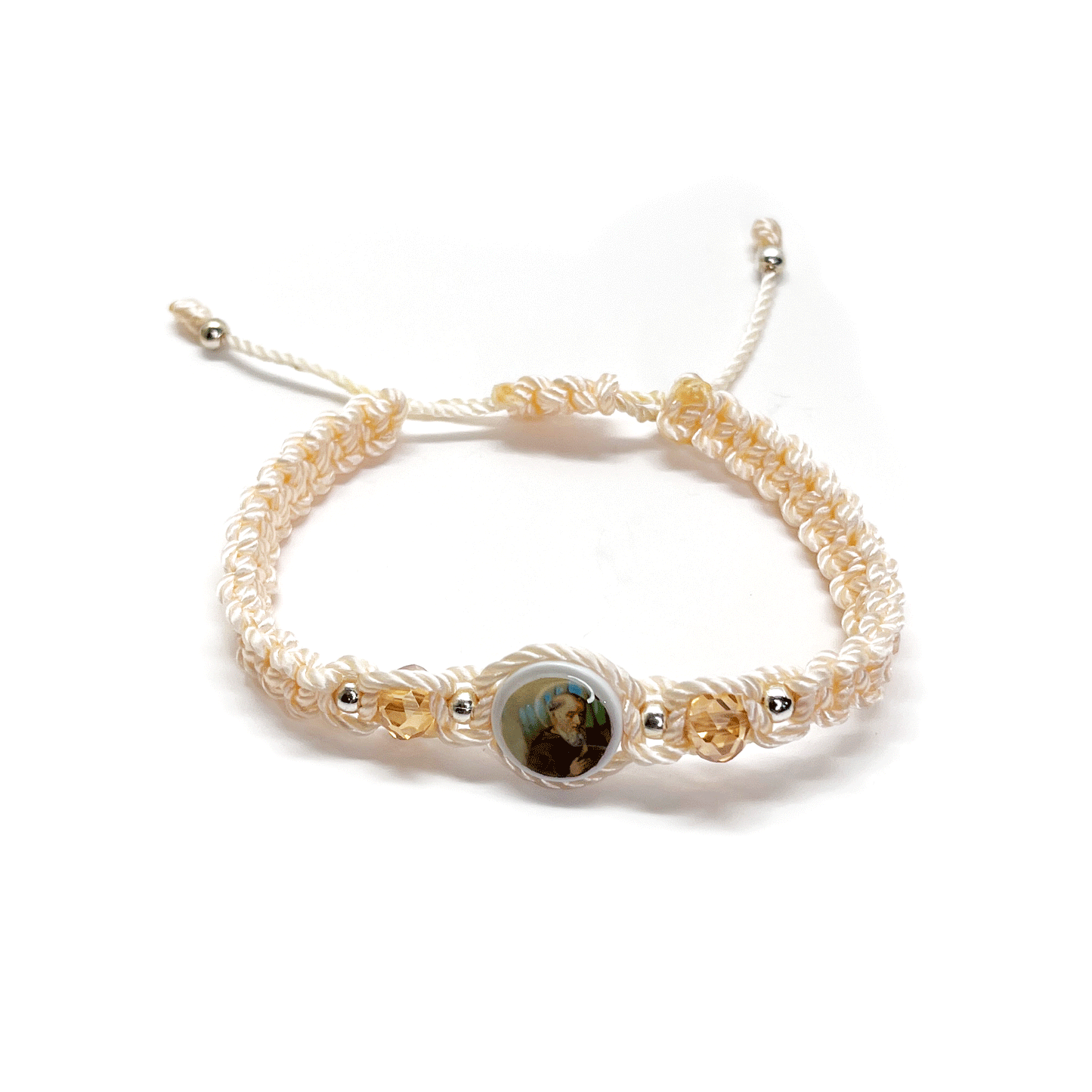 Beige macramé St. Benedict bracelet with crystal beads and an adjustable closure.