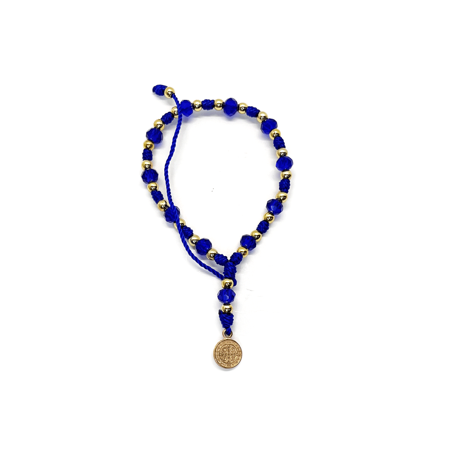 Front view of a St. Benedict beaded bracelet in red or blue with gold-tone medal charm and adjustable sliding closure on a white background.