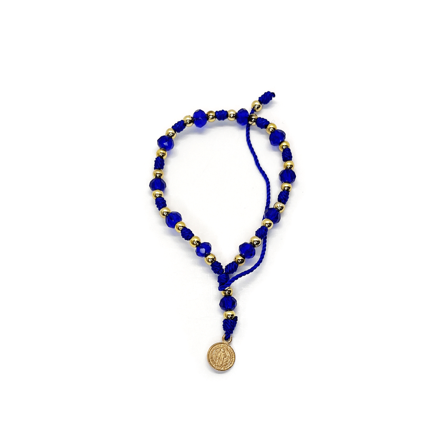 Front view of a St. Benedict beaded bracelet in red or blue with gold-tone medal charm and adjustable sliding closure on a white background.