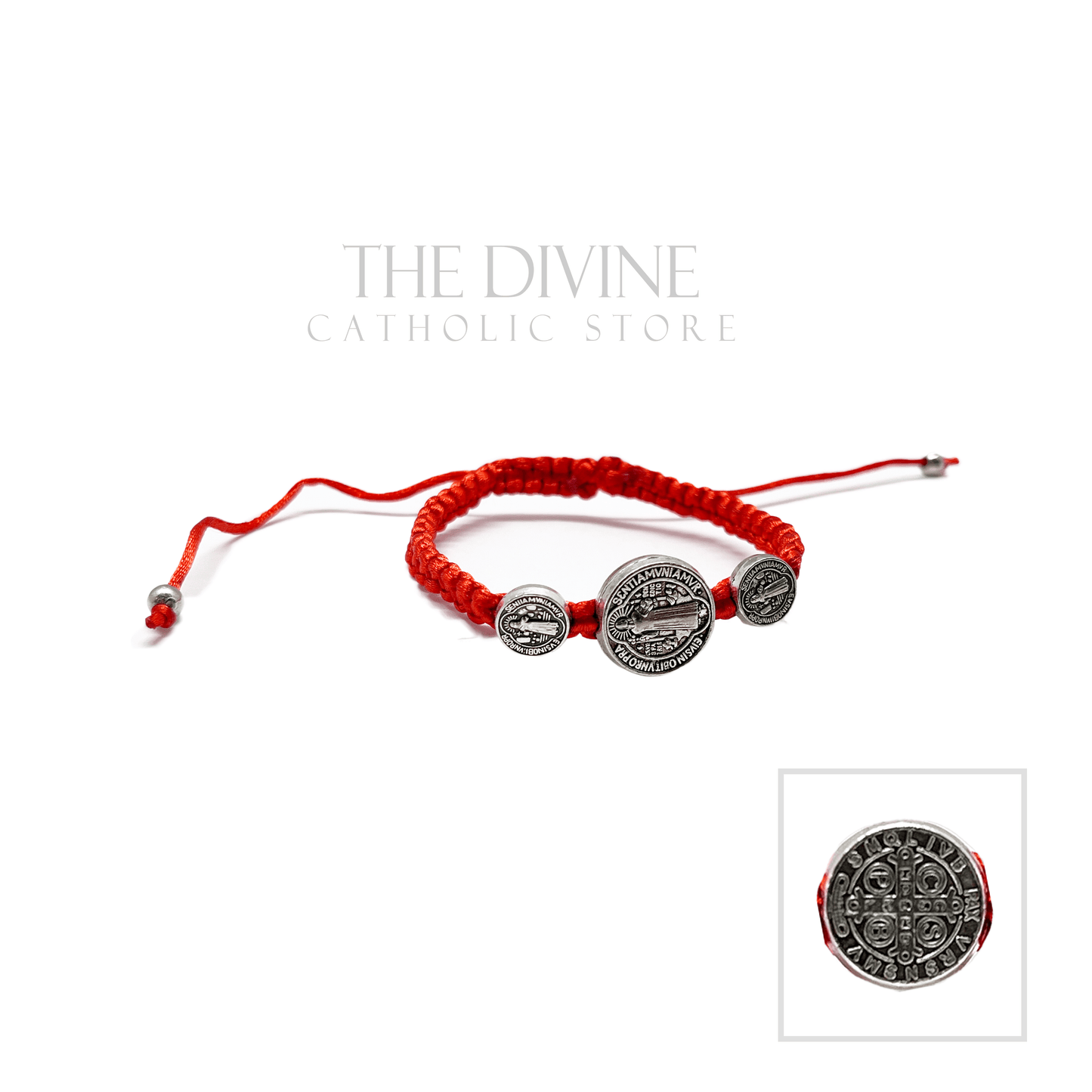 Front view of red cord St. Benedict bracelet with 3 silver medals, adjustable Catholic jewelry for men and women on a white background.