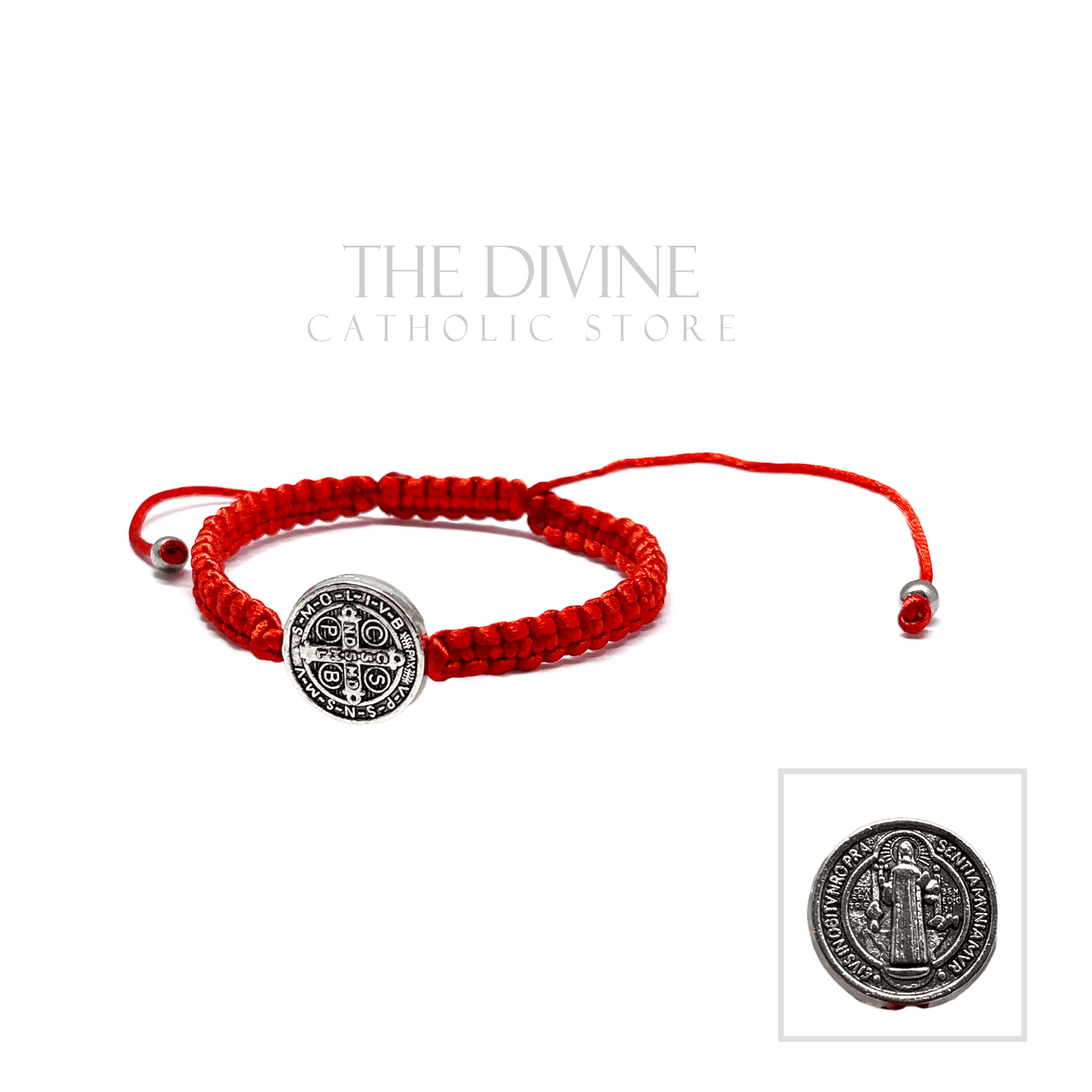 Front View of a red St. Benedict bracelet with single silver medal and nylon cord, adjustable Catholic jewelry for men and women on a white background.