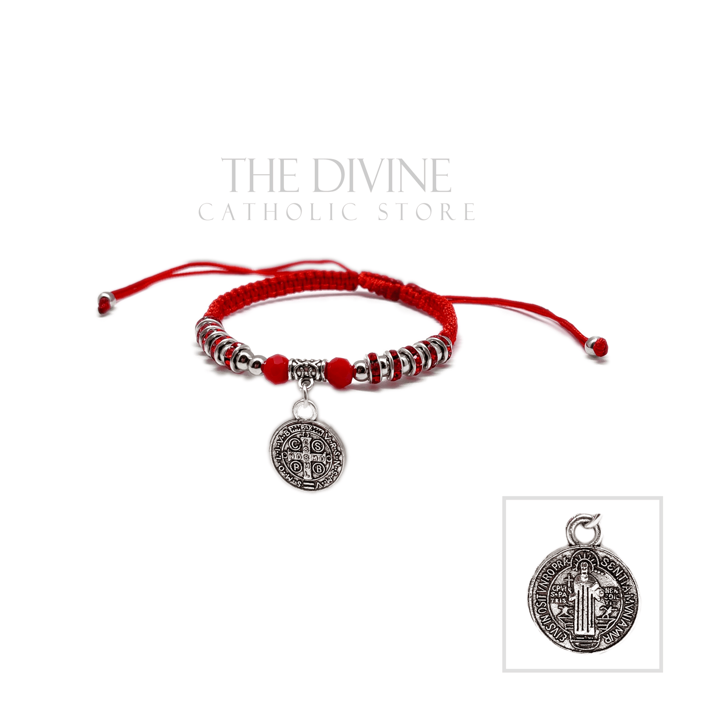 Front view of a red St. Benedict bracelet with sparkling red rhinestones, silver beads, and hanging medal charm, adjustable Catholic jewelry on a white background.