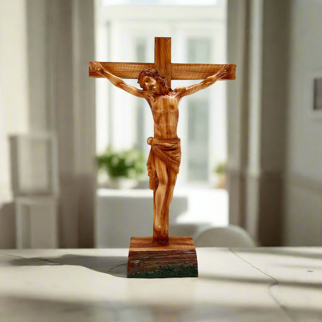 15-inch Jesus crucifix statue with crown of thorns, wood-style finish, standing on a base