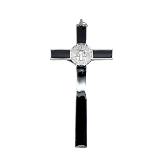 Back view of a 6 inch black St Benedict crucifix with a silver St. Benedict medal and silver Corpus Cristi with hanging loop.