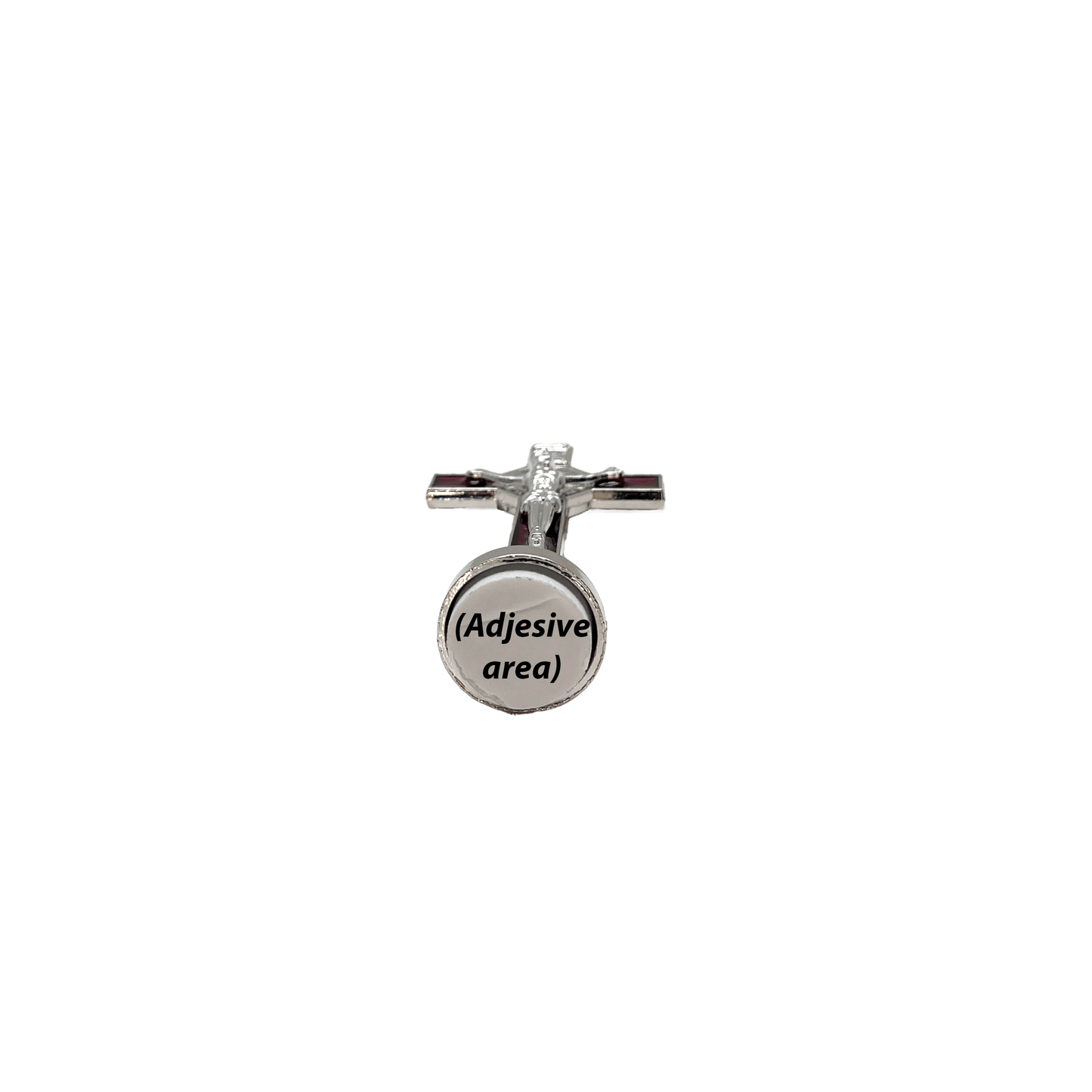 Bottom view of red St. Benedict car cross 3 inches tall, with adhesive sticker on the bottom, has silver corpus cristi and St. Benedict medal on a white background.
