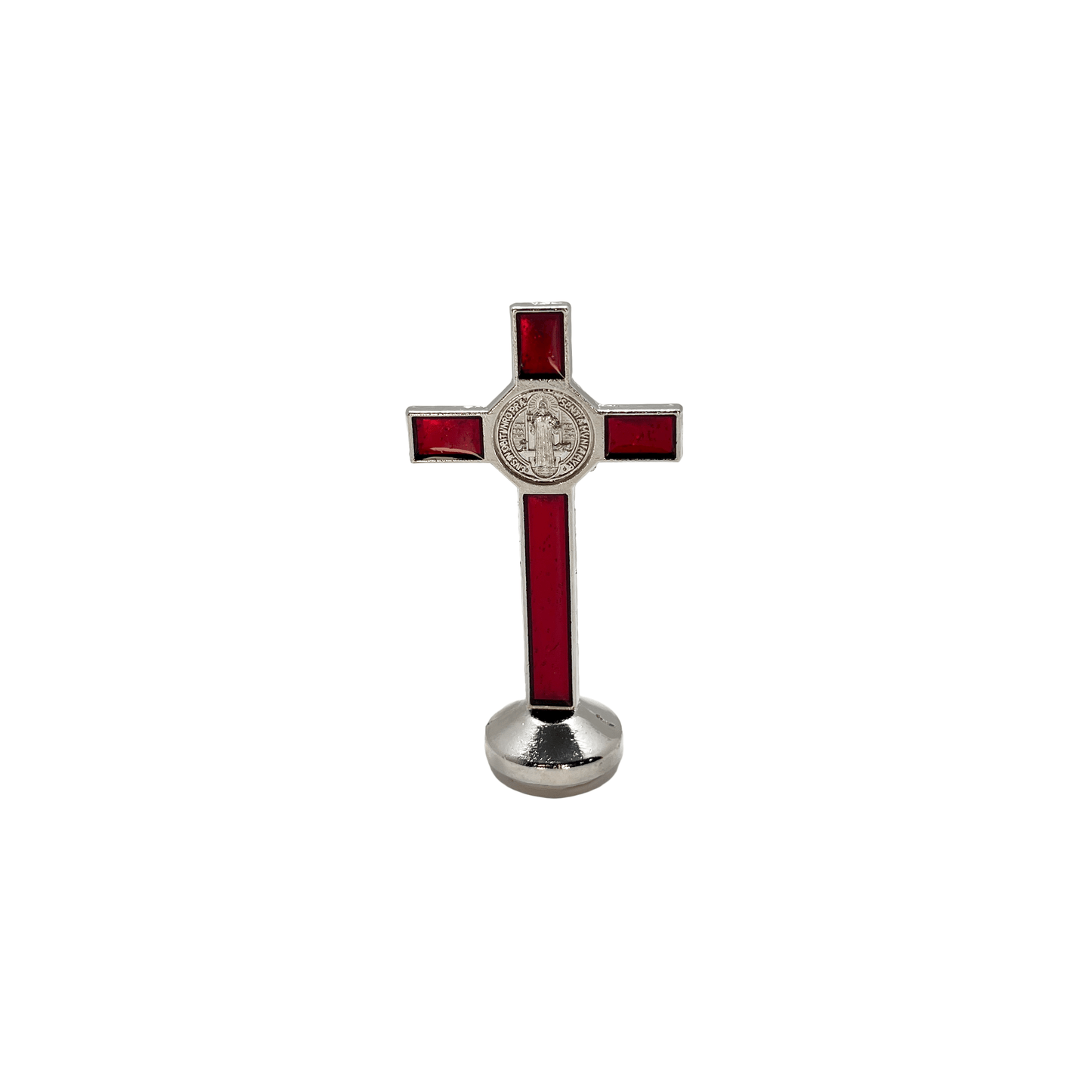 Back view of red St. Benedict car cross 3 inches tall, with adhesive sticker on the bottom, has silver corpus cristi and St. Benedict medal on a white background.