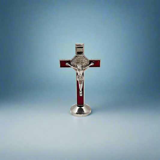 Red St. Benedict dashboard crucifix with silver plating and adhesive base, 3-inch Catholic car cross