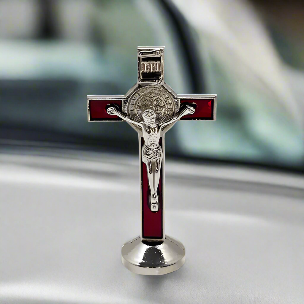 Adhesive base of red St. Benedict crucifix for dashboard, car, or small prayer spaces