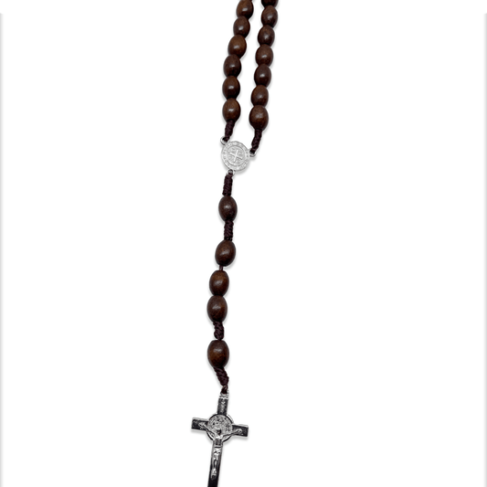 Wooden St. Benedict Rosary with St. Benedict crucifix, 19-inch Catholic prayer beads and St. Benedict medal charms on a white background.