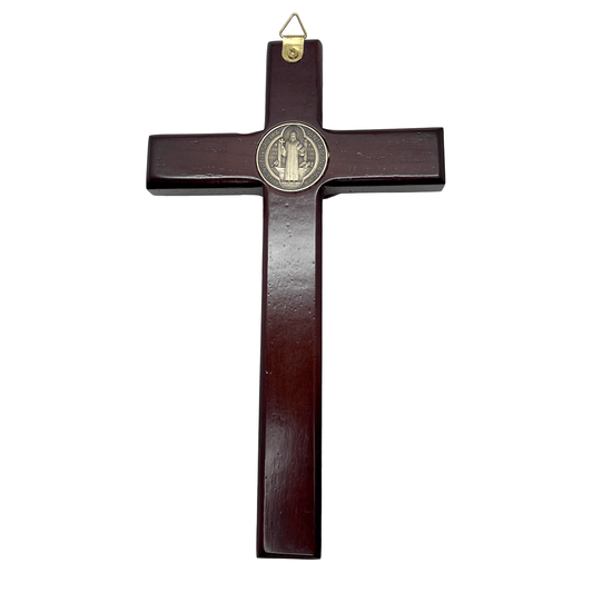 Back view of 6-inch wooden St. Benedict crucifix with gold-colored corpus and central medal, Catholic wall crucifix for home or office on white background,