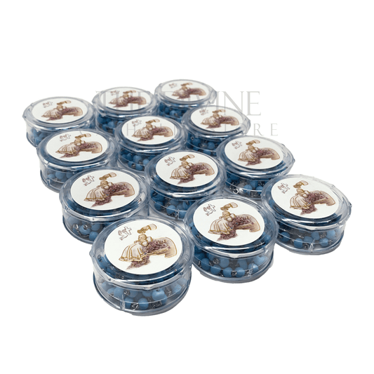 View of all blue baby boy Baptism Rosaries – 12-Pack Favor Set in 12 individual containers and image of baptism on tops on a white background.