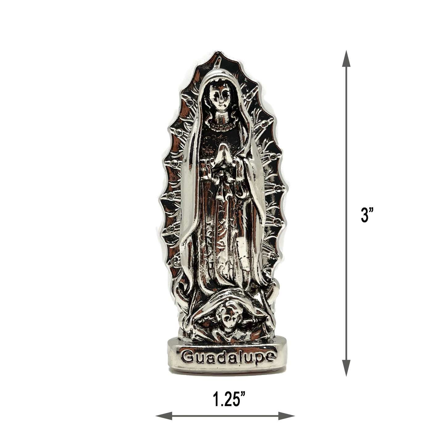 This silver dashboard Our Lady of Guadalupe figurine is great for small spaces or for vehicle, with measurement details, 3 inches tall and 1.25 inches wide.