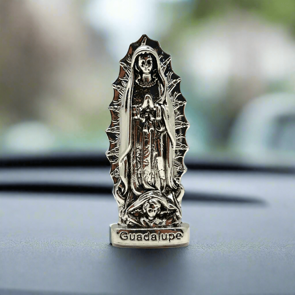 This silver dashboard Our Lady of Guadalupe figurine is great for small spaces or for vehicle, on a dashboard.