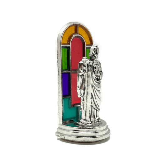 Side view of St. Jude mini dashboard statue for car or small prayer spaces on white background.n