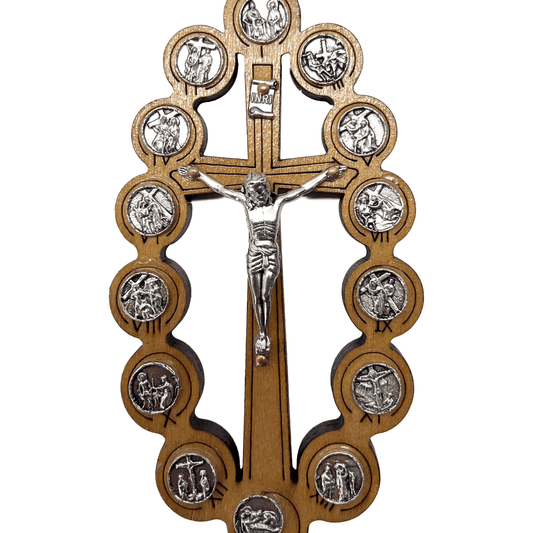 Detailed wooden Stations of the Cross crucifix, 5-inch devotional cross for home or prayer space.