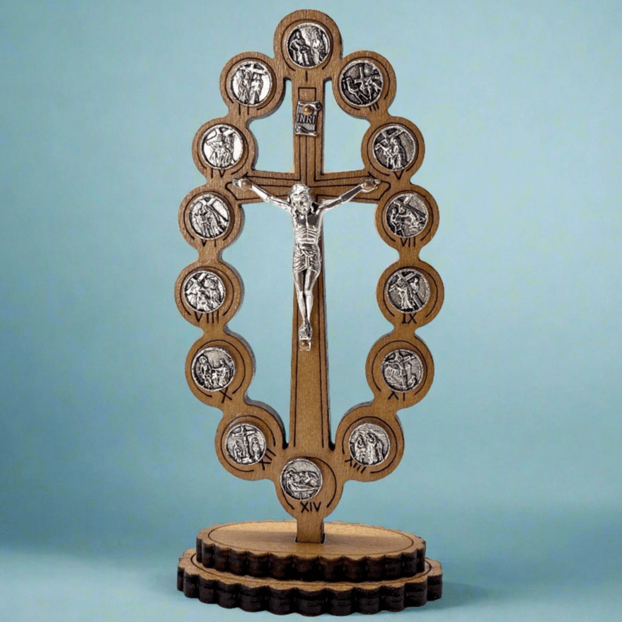 Close-up of wooden craftsmanship on 5-inch Stations of the Cross crucifix for Catholic devotional use.