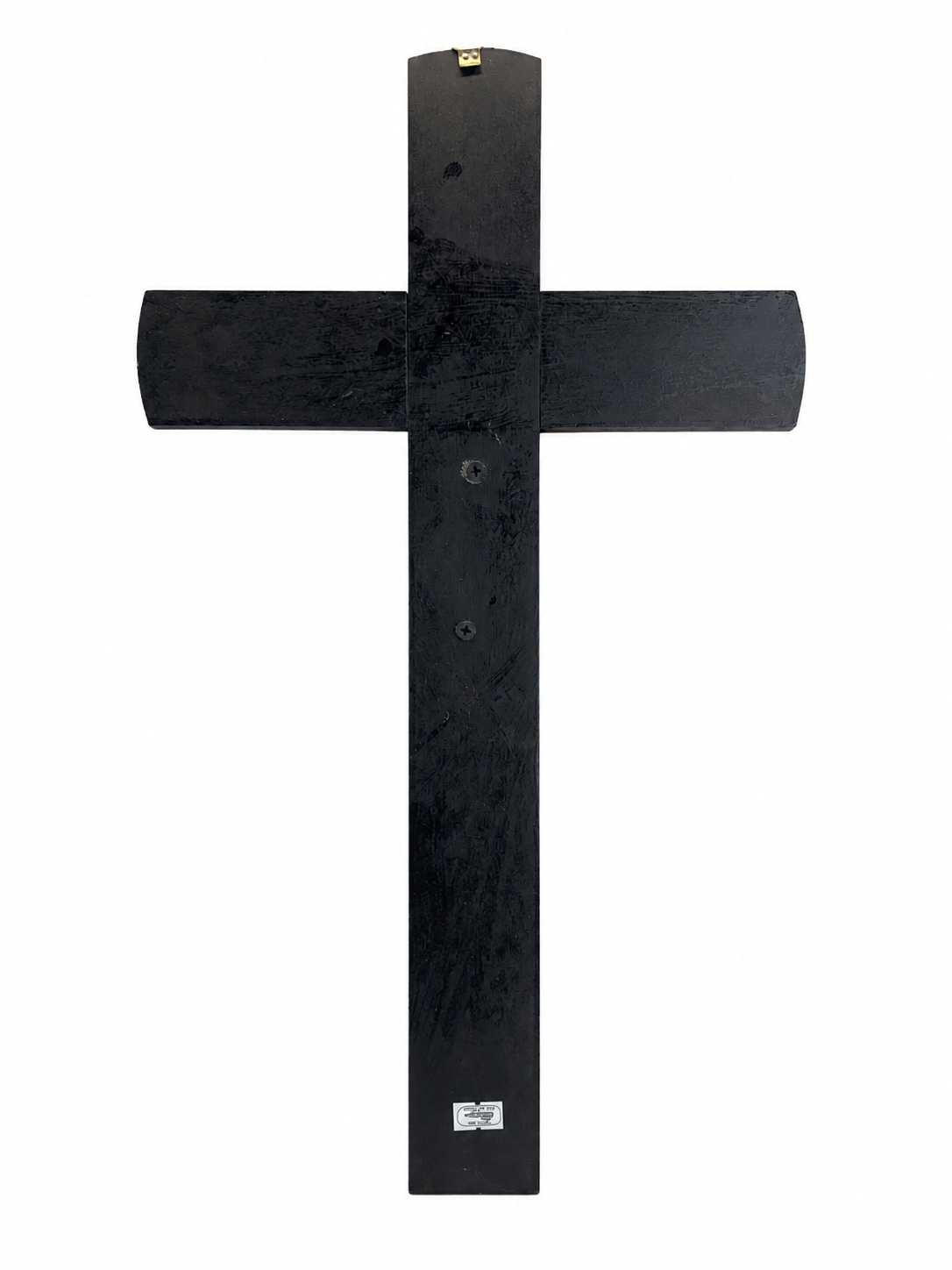 Back view of dark wood wall crucifix showing hanging hook and construction detail 20 inch catholic wall cross