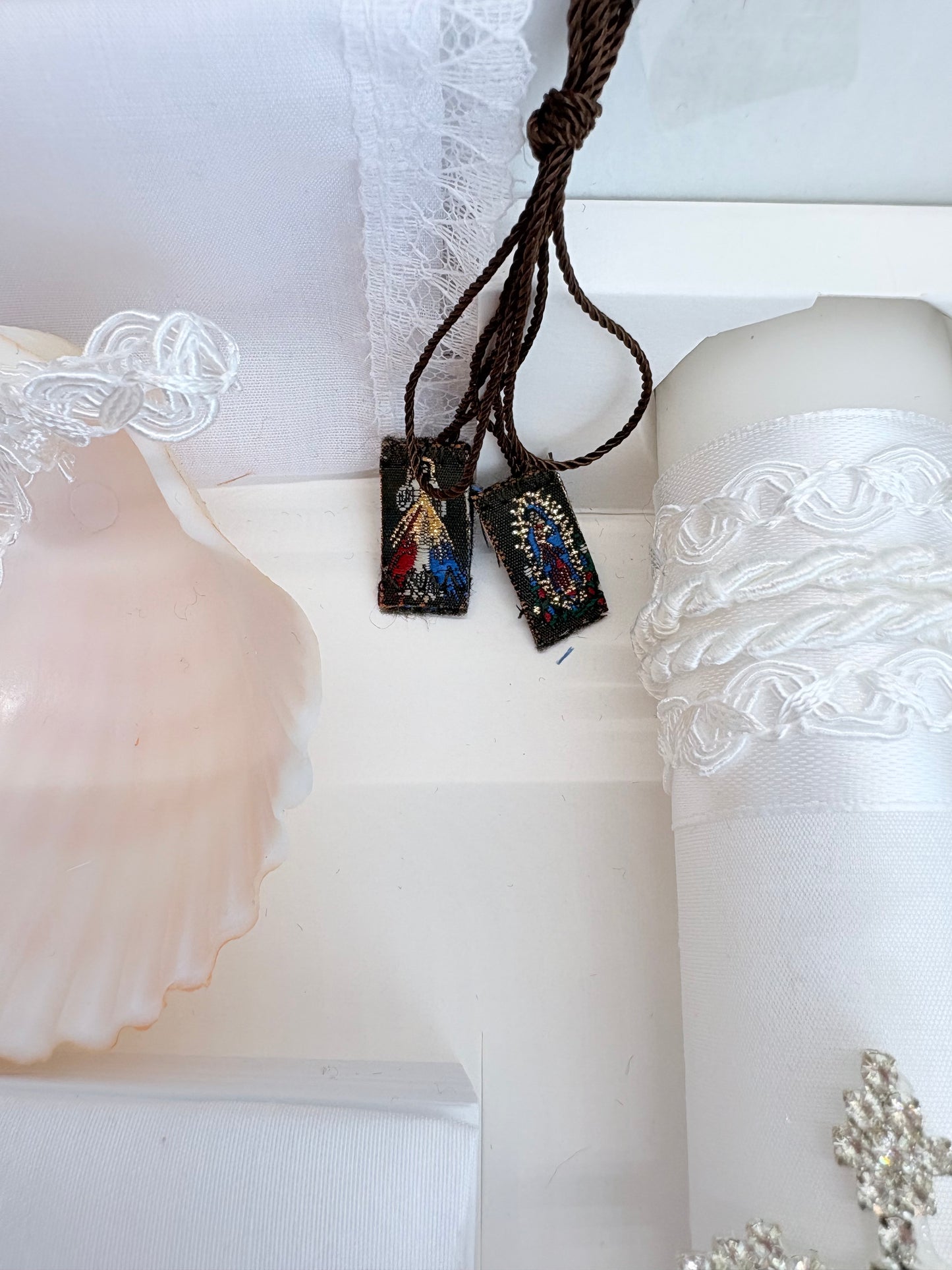 6-Piece Baptism Candle Set | Rhinestone Cross Brooch | Bible Shell & Rosary