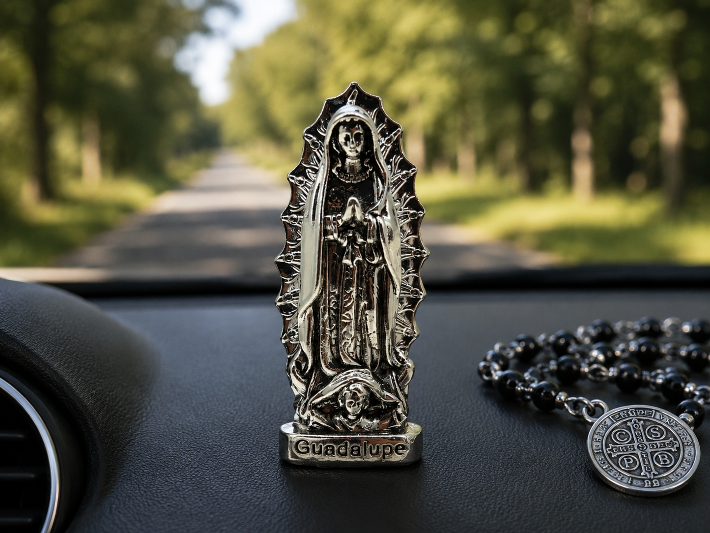 Our Lady of Guadalupe Dashboard Figurine Silver | 3” Catholic Car Figurine with Adhesive Base